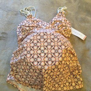 NWT Liz Lange Maternity white with orange and black flowers tankini Size S